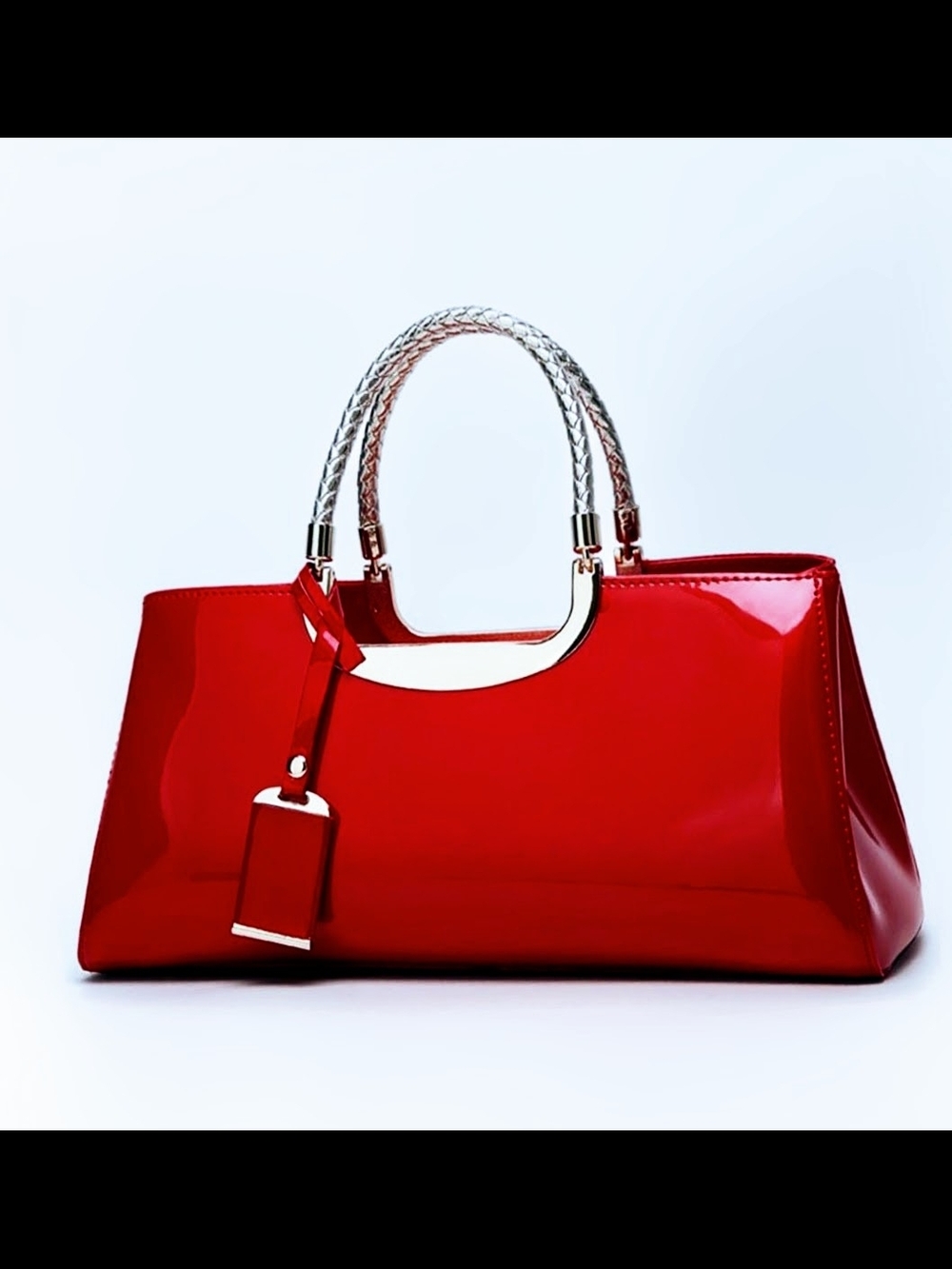 Cherry Red Patent Satchel with Gold Braided Handles. NWT